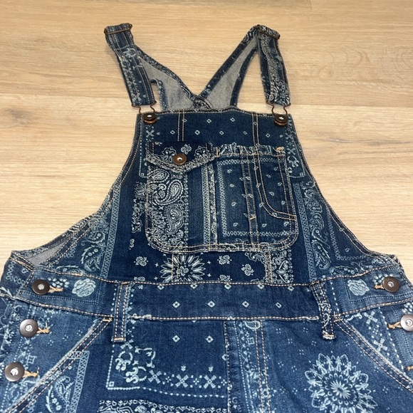 Festival Blue White Denim Bandana Overall Shortalls Size M 7-9 Americana - Picture 5 of 14